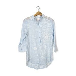 Gretchen Scott Light Blue Embroidered Floral Half Button Blouse Size XS